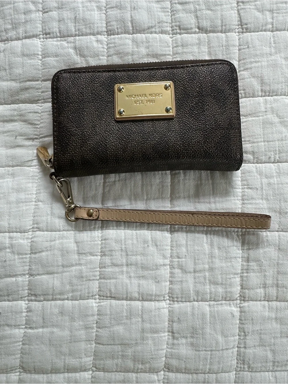 Michael Kors Dark Brown Zip Wristlet with Gold Plate